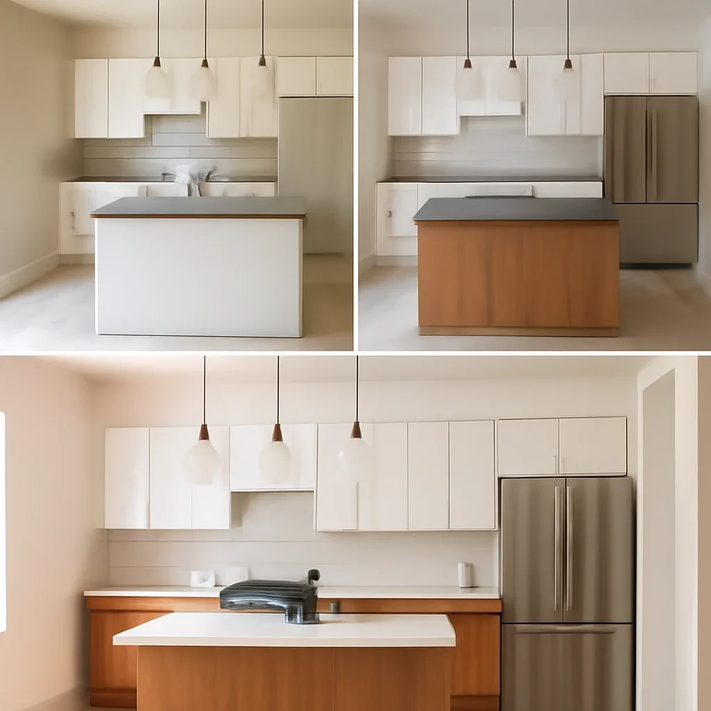 Finished interior for kitchen before, during, and after call to action