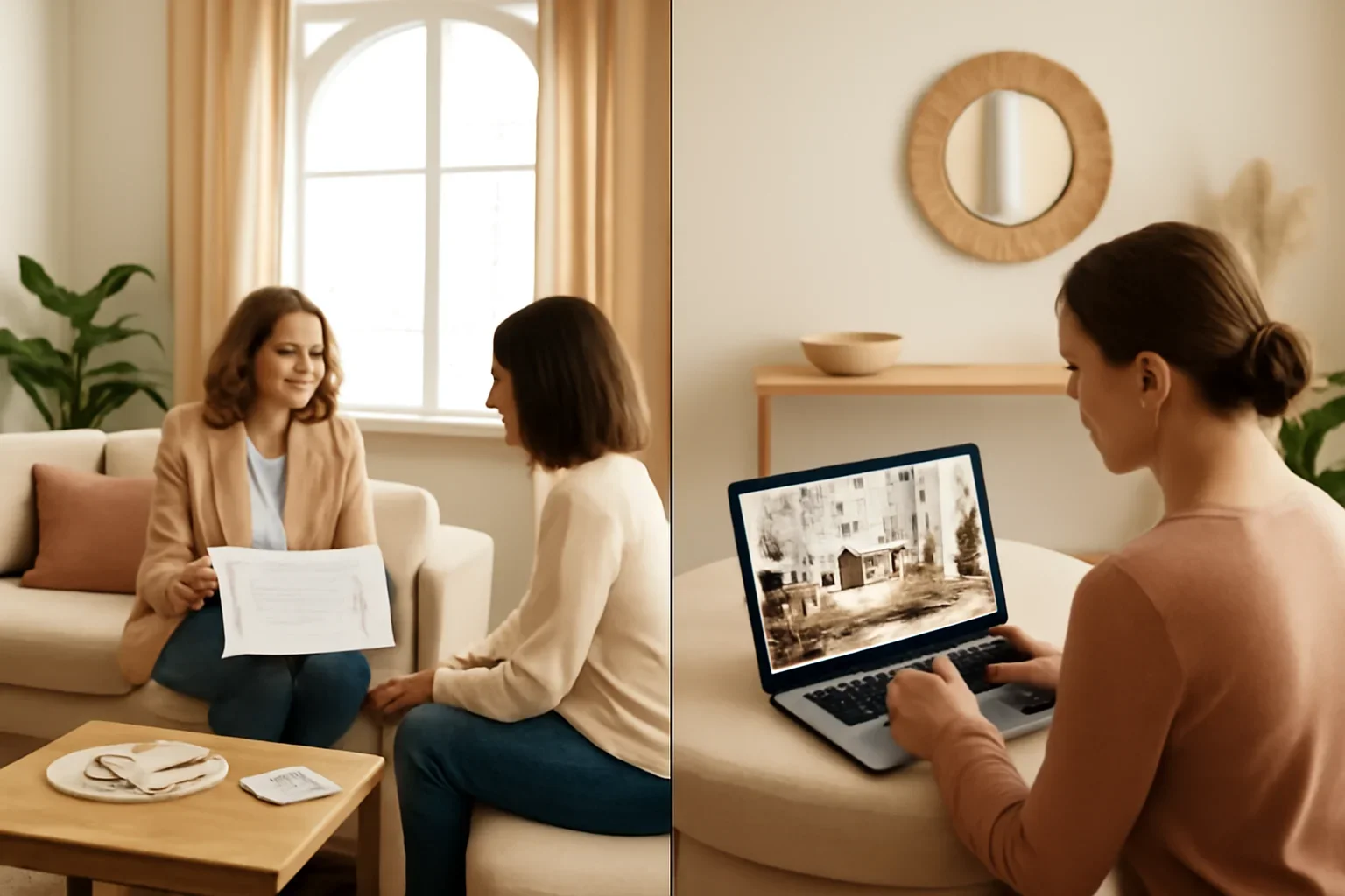 Full-service design vs e-design: choose the support level that matches your project comparison graphic styled as an interior planning scene
