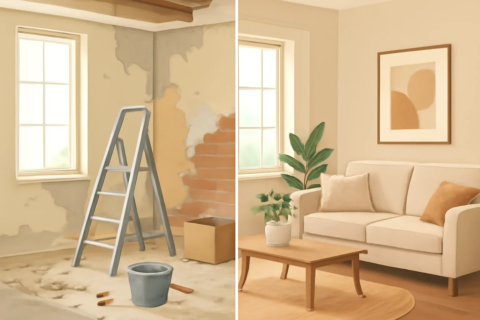 Renovation vs redecorating: know which level of change your space actually needs comparison graphic styled as an interior planning scene